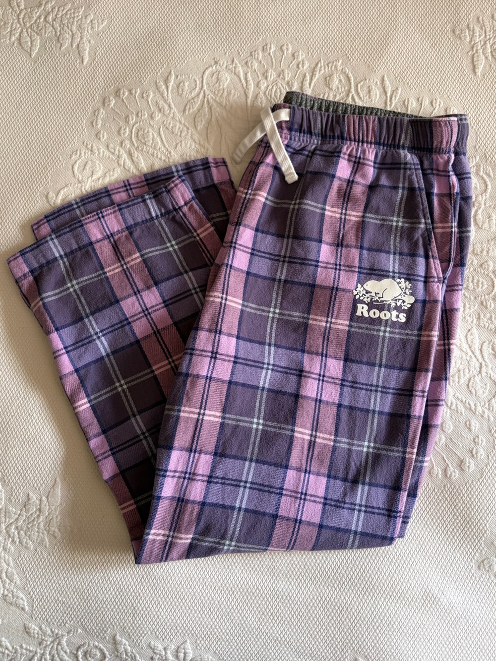 Roots purple plaid flannel PJ pants - size Large -soft cozy organic cotton